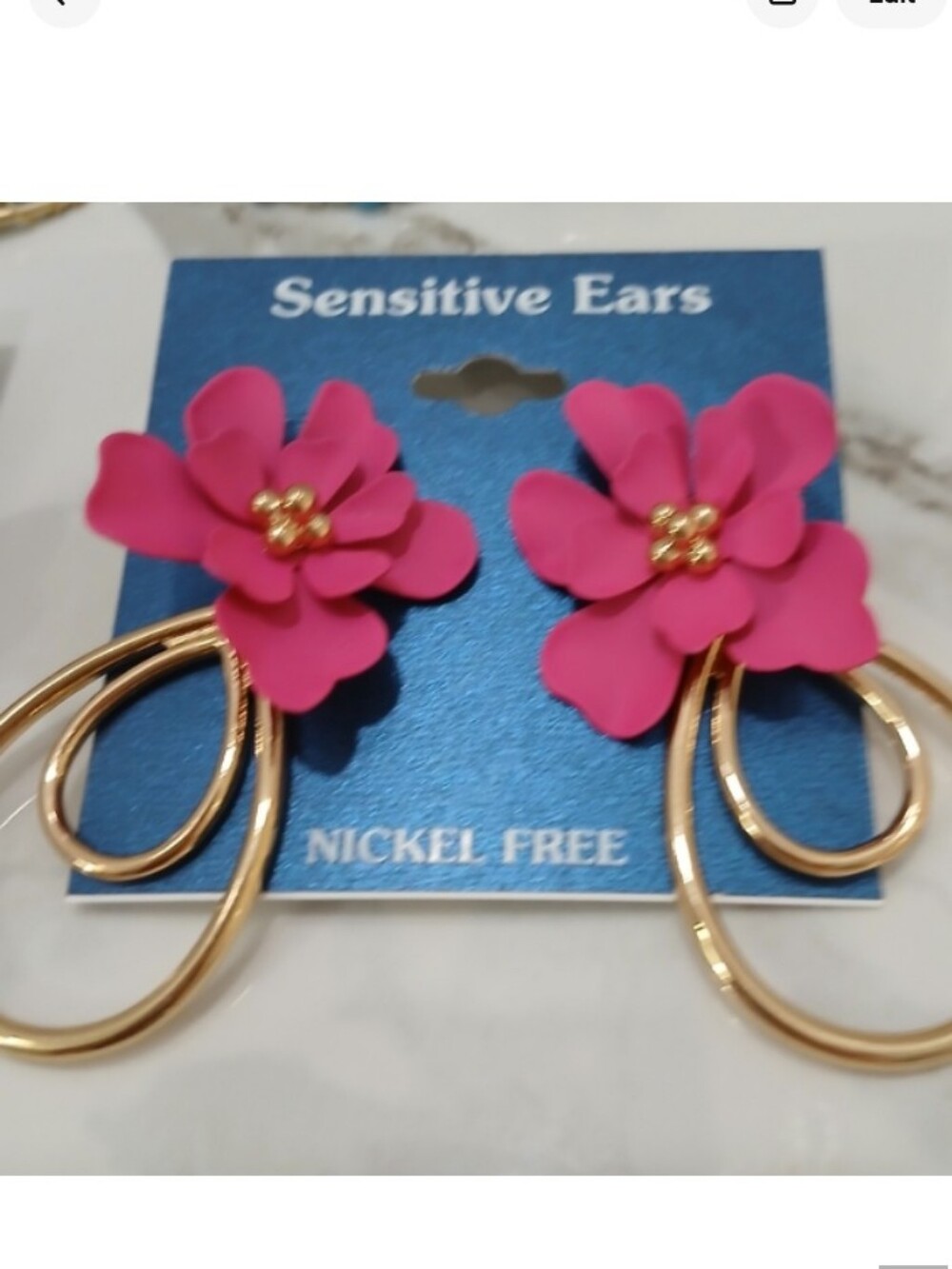 FUSCHIA FLORAL Oval Gold Tone Earrings By Sensative Ears Nickle Free